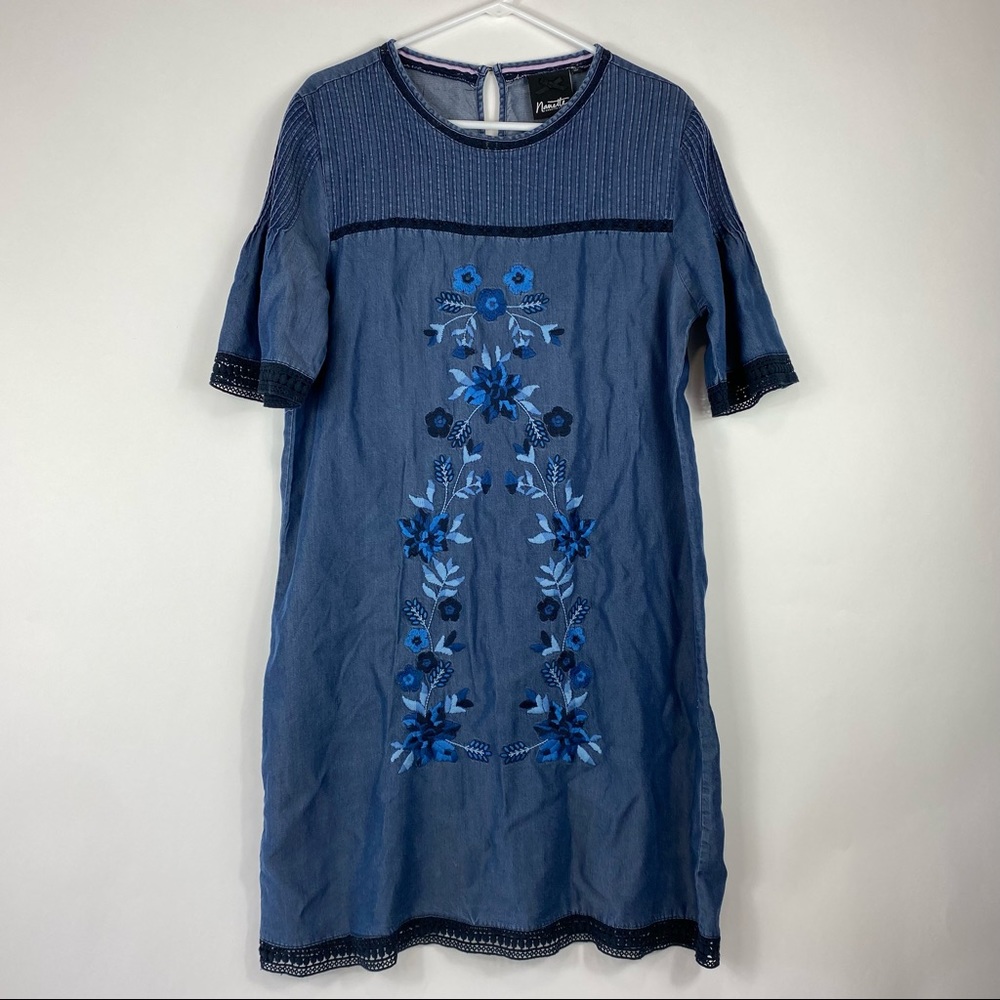 Nanette Lepore Women’s Large Embroidered Denim Chambray Shift Dress Crochet Trim